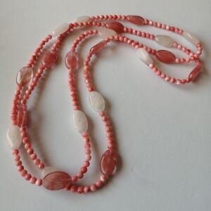 Vintage Onyx Pink Quartz Pink Plastic Beads on Wire Long Necklace
